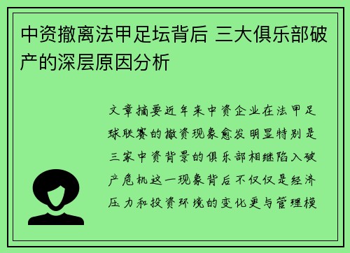 中资撤离法甲足坛背后 三大俱乐部破产的深层原因分析
