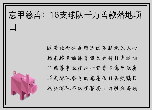 意甲慈善：16支球队千万善款落地项目