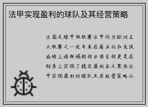 法甲实现盈利的球队及其经营策略